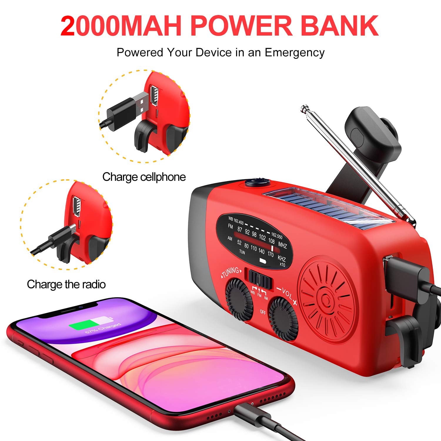 Qunler NOAA Weather Emergency Radio, 7400mWh/2000mAh AM/FM/WB Hand Crank Solar Radio, Portable Power Bank, Weather Alert, Flashlight for Outdoor Use