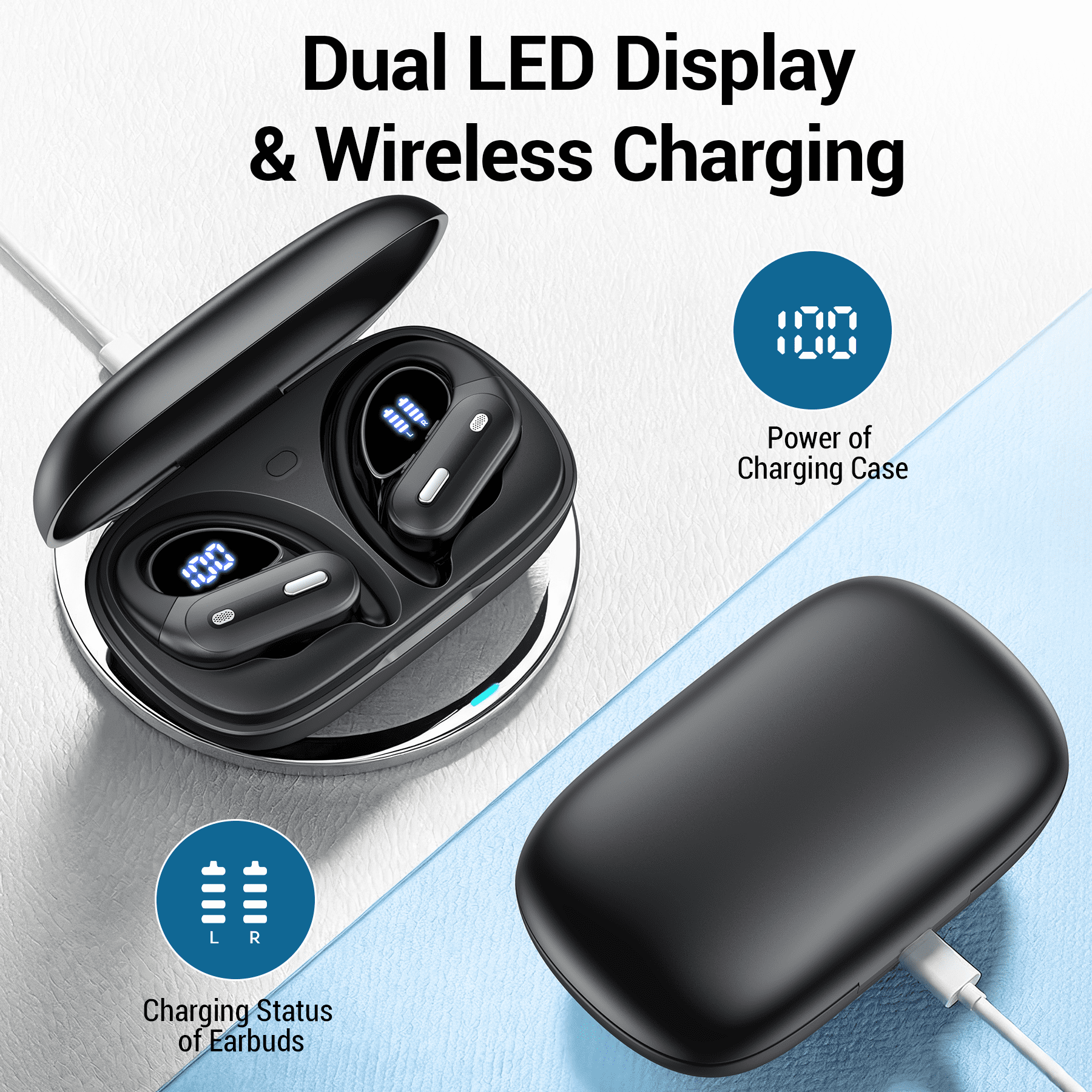 VEAT00L Active Noise Cancelling Ear Buds Wireless Earbuds 75H Playtime Bluetooth Headphones with LED Display Case, Deep Bass Fitness Earphones Gym Running Workout, IP7 Over Earbuds with Earhook