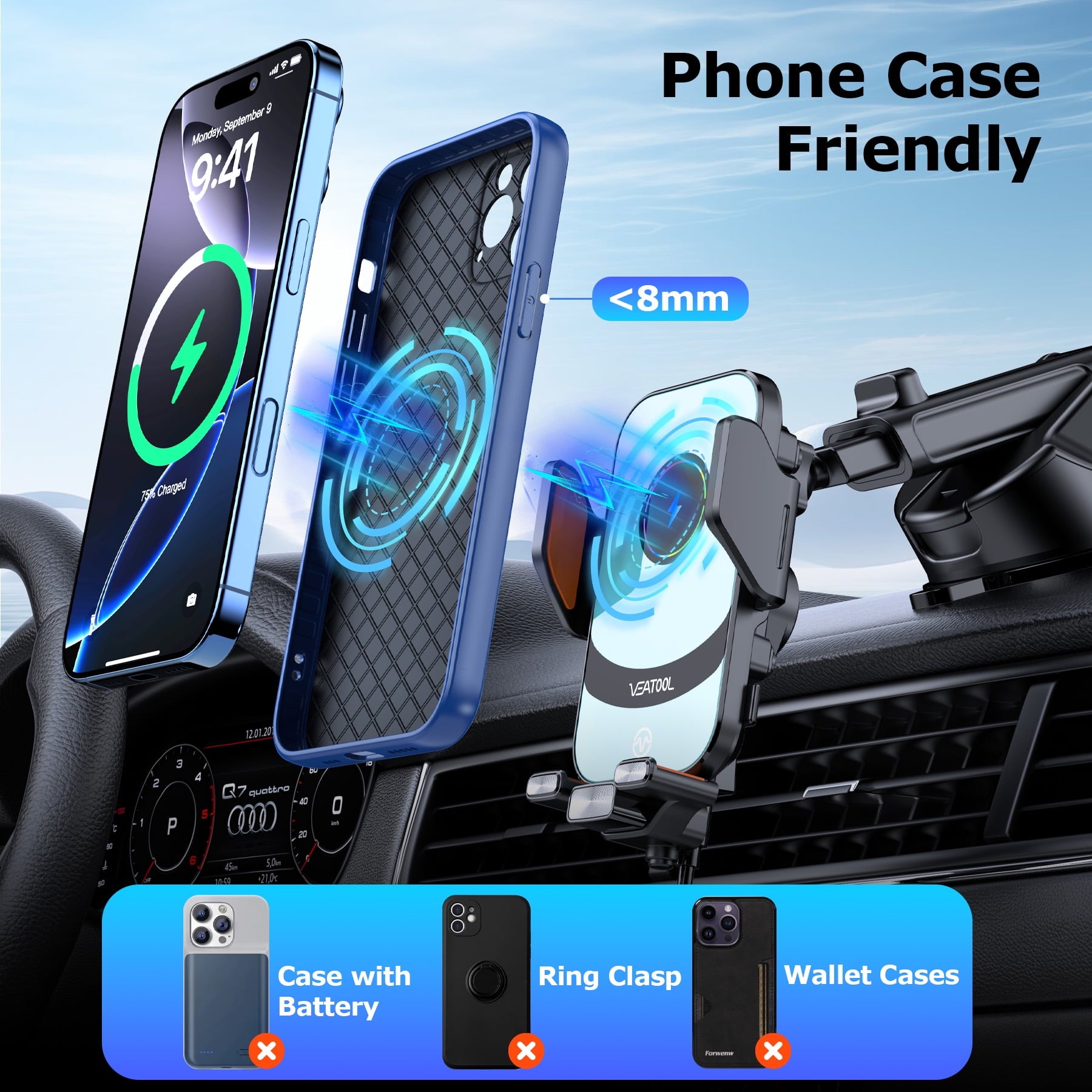 VEAT00L X16s Wireless Car Charger,15W Fast Charging Auto Clamping Car Charger for Dash Windshield Air Vent Compatible,Hands-Free Phone Holder Car Mount for iPhone 16 15 14, Samsung Galaxy,Google, etc
