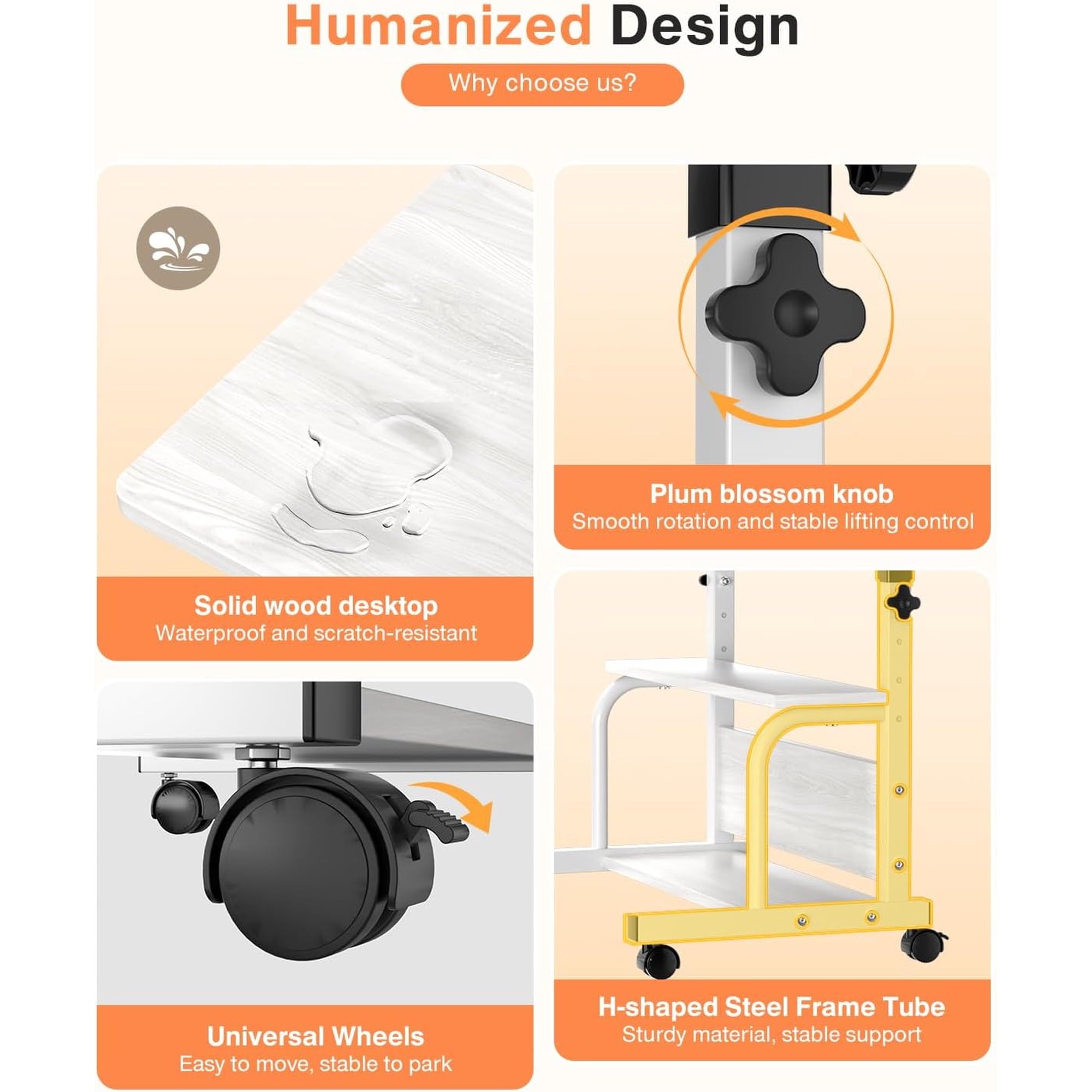 KLSMYHOKI Portable Desk with Wheels Small Standing Desk on Wheels Adjustable Height Rolling Desks for Small Spaces, 32" Computer Desks with Storage Shelves for Home Office Study White